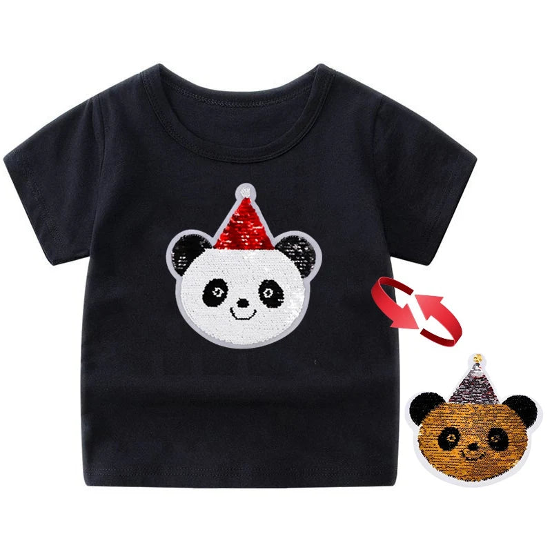 Panda Tiger Dinosaur Sequin Children T Shirt for Boys Tshirts Kids T Shirt Cartoon Print Summer Tops T-shirts for Baby Clothes