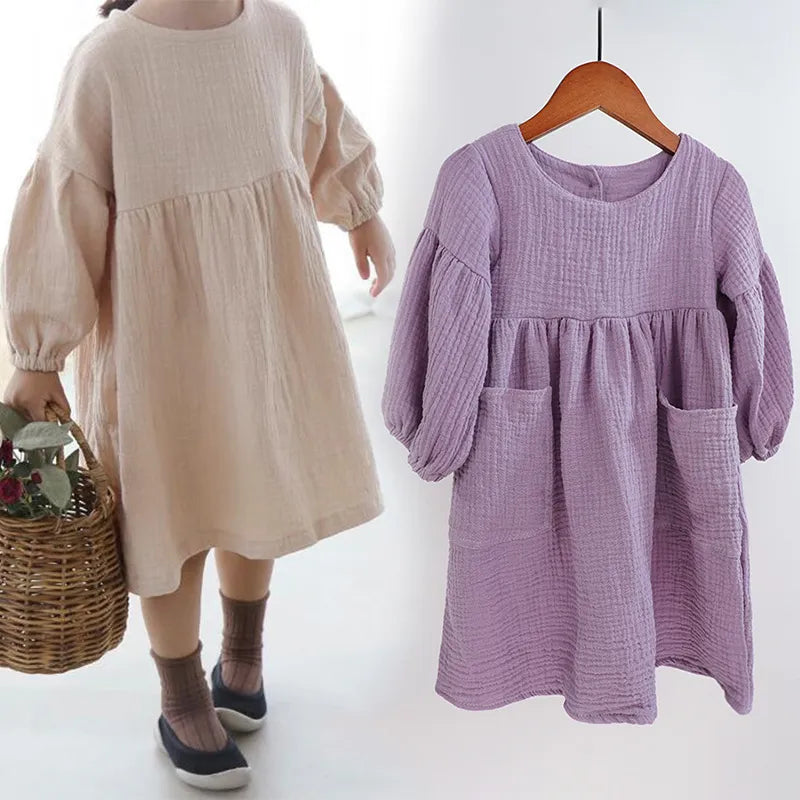 Girls Dresses, Cotton Double Gauze Loose Pockets