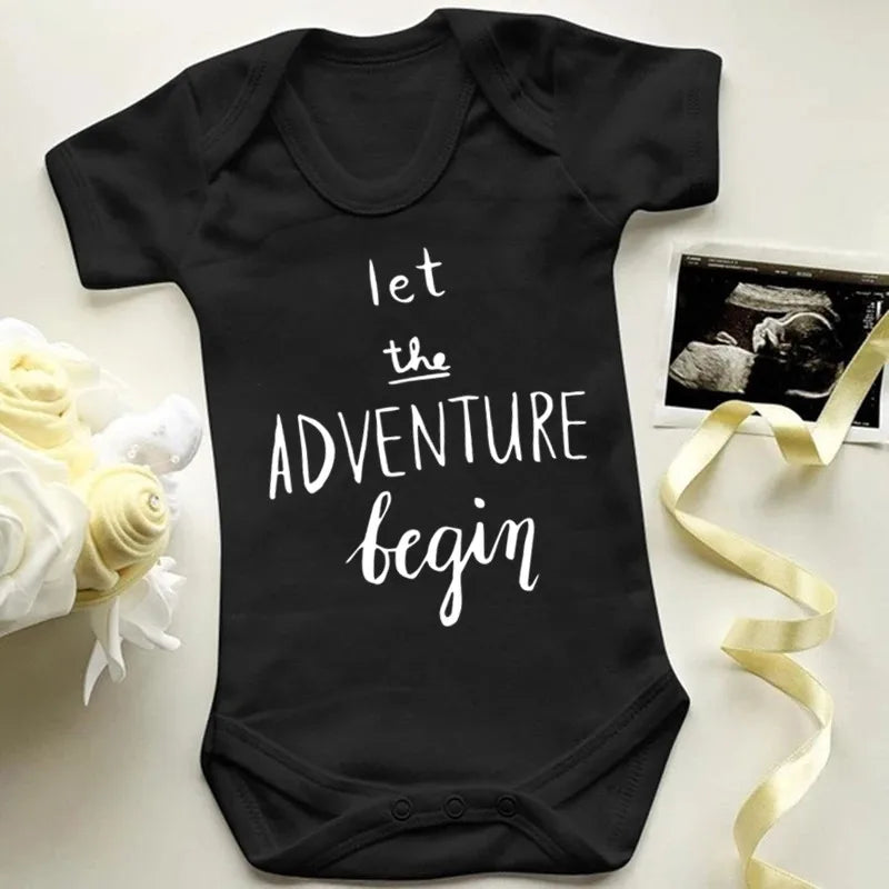 Let the Adventure Begin Baby Bodysuit Pregnancy Announce Newborn Boys Girls Cotton Jumpsuit Short Sleeve Baby Clothes