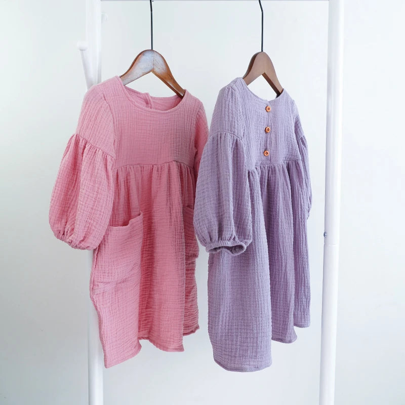 Girls Dresses, Cotton Double Gauze Loose Pockets