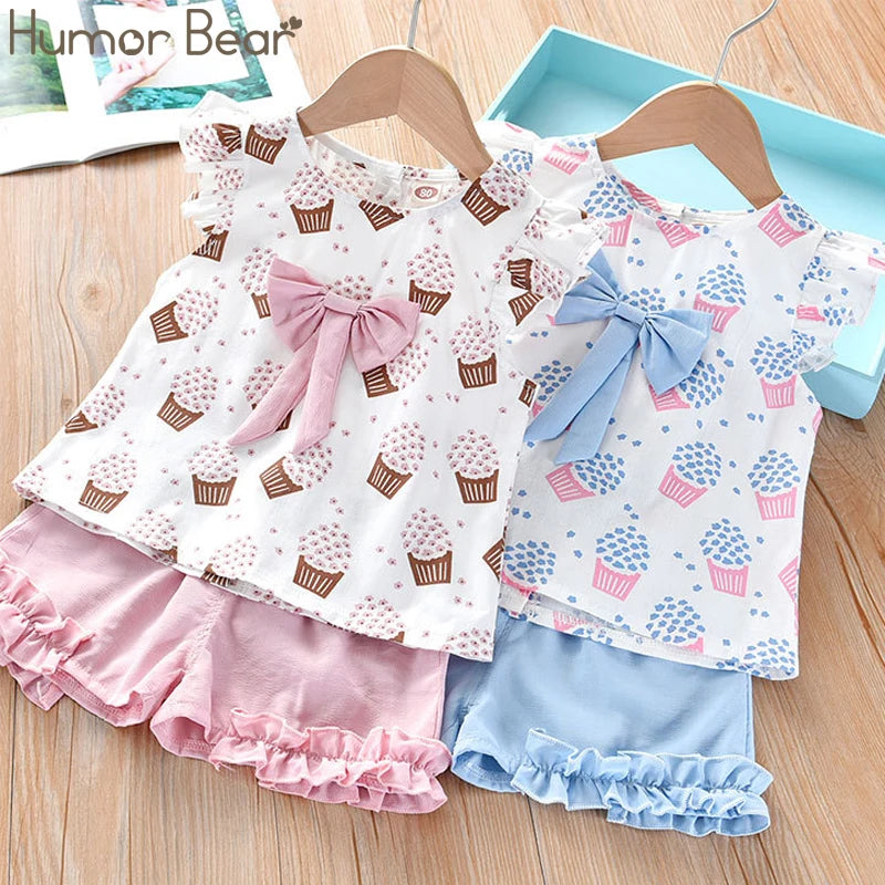 Humor Bear NEW Girls Clothing Set Sleeveless Summer Ice Cream Bow Top T-shirt+Pants 2Pcs Suit Toddler Children's Clothes