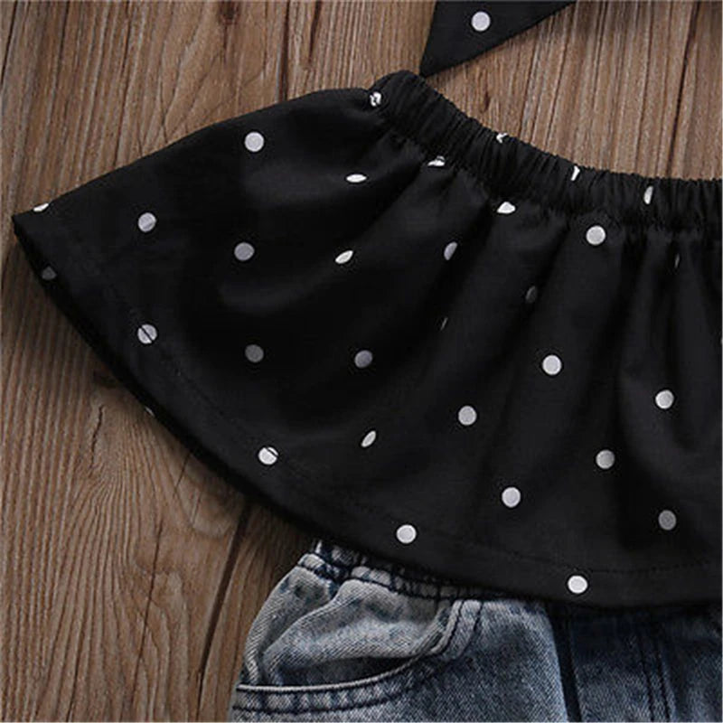 Baby Girl 3pcs set Dot Sleeveless Vest, Jeans Pants Bow and Headband