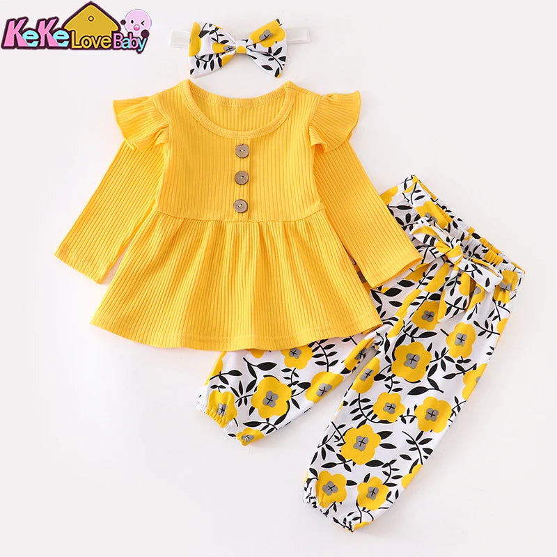Baby Girl 3Pcs Clothes Floral Tops, Print Pants and Headband Ages 0 3-24 Months Set