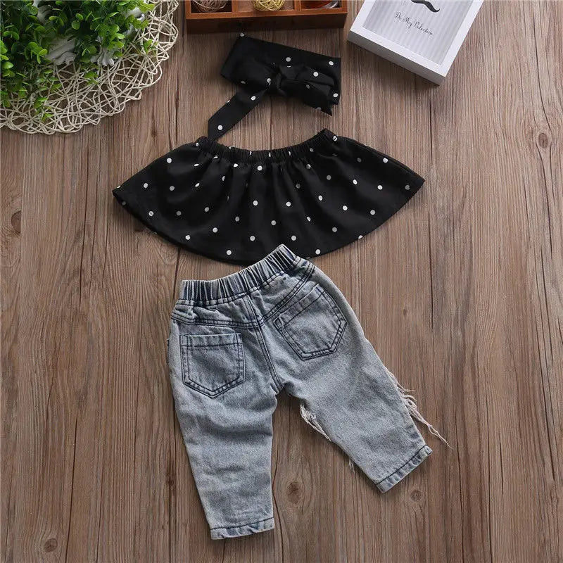 Baby Girl 3pcs set Dot Sleeveless Vest, Jeans Pants Bow and Headband