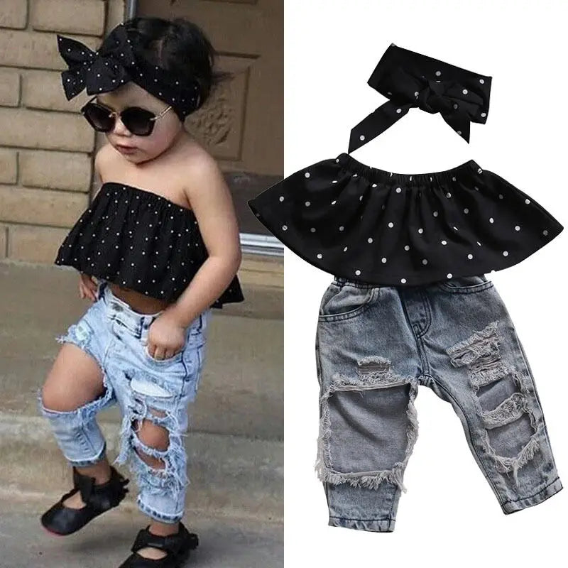 Baby Girl 3pcs set Dot Sleeveless Vest, Jeans Pants Bow and Headband