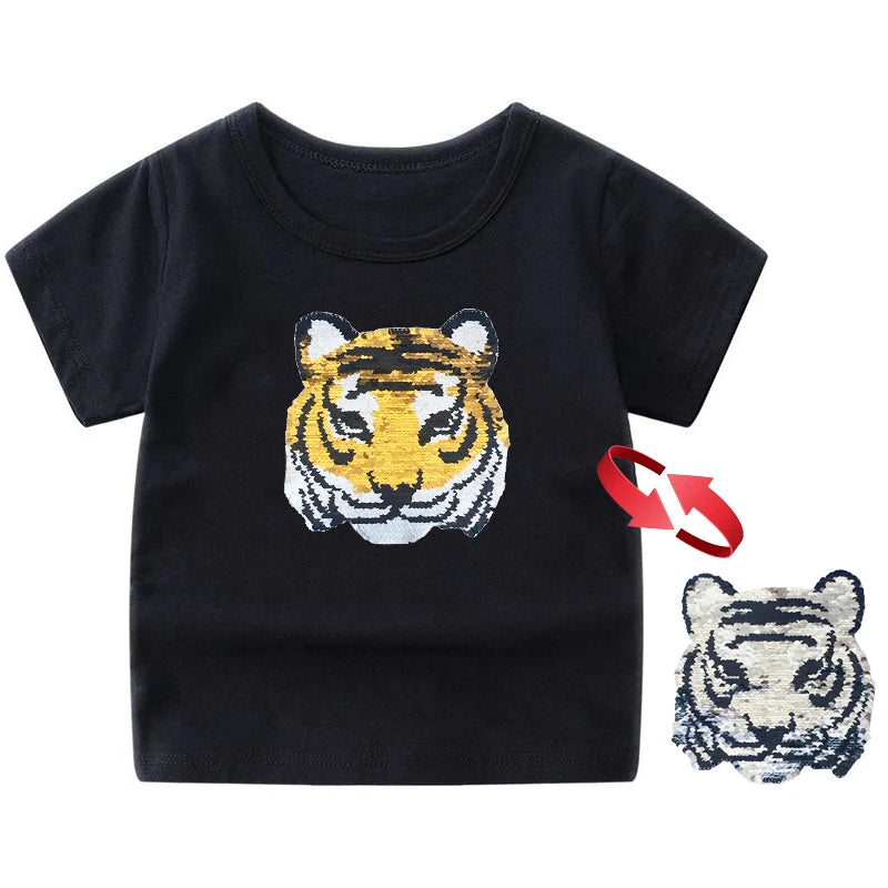 Panda Tiger Dinosaur Sequin Children T Shirt for Boys Tshirts Kids T Shirt Cartoon Print Summer Tops T-shirts for Baby Clothes