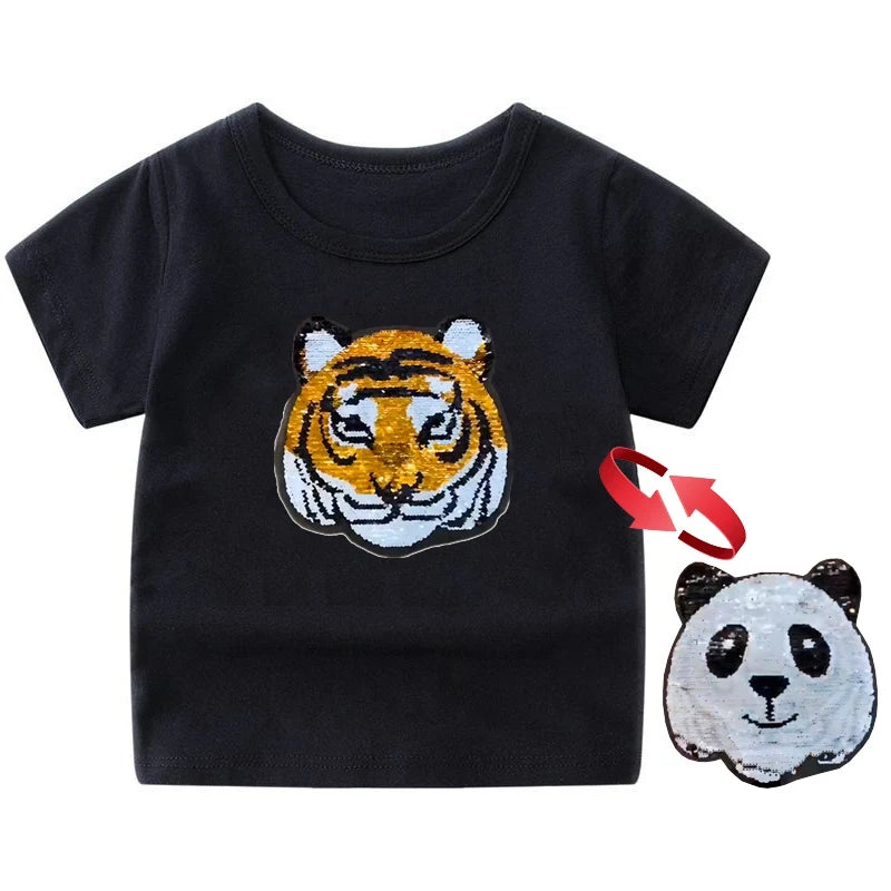 Panda Tiger Dinosaur Sequin Children T Shirt for Boys Tshirts Kids T Shirt Cartoon Print Summer Tops T-shirts for Baby Clothes