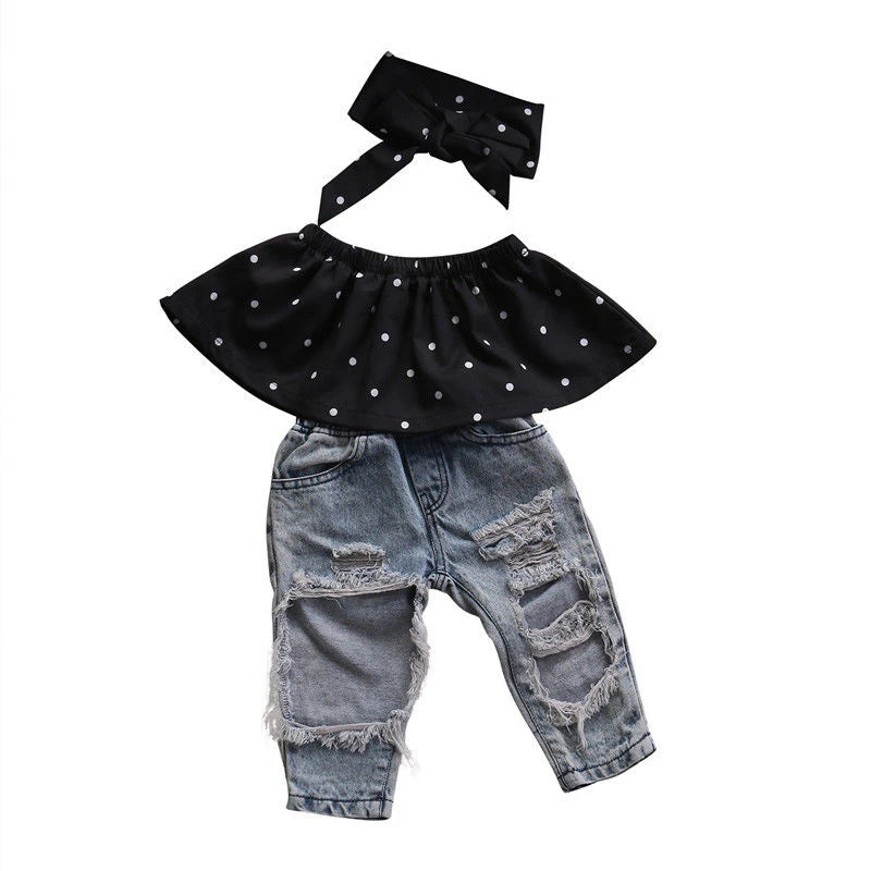 Baby Girl 3pcs set Dot Sleeveless Vest, Jeans Pants Bow and Headband