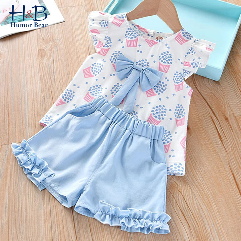 Humor Bear NEW Girls Clothing Set Sleeveless Summer Ice Cream Bow Top T-shirt+Pants 2Pcs Suit Toddler Children's Clothes