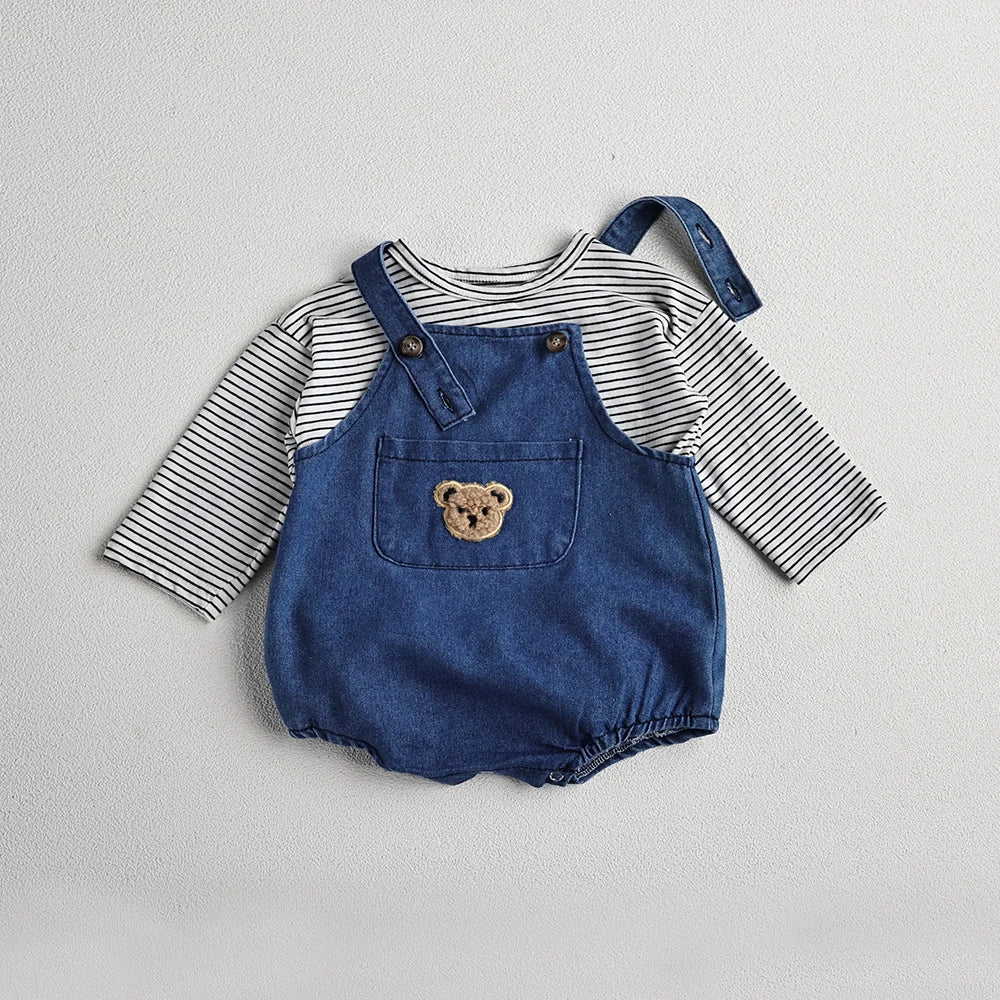 Cool Toddler Baby Boy and Girl Overalls and Striped T-shirt 2Pcs set