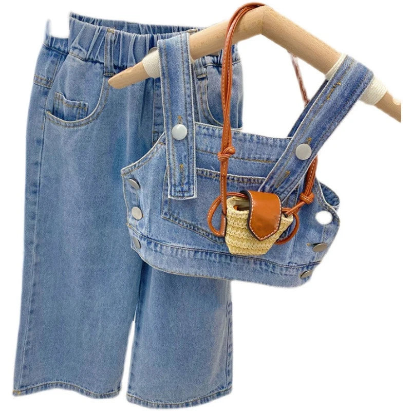 New Summer Girls' Clothing Sets Pocket Buttons Street Denim Vest +Wide-Leg Pants Fashion Baby Kids Outfit Children Clothes Suits