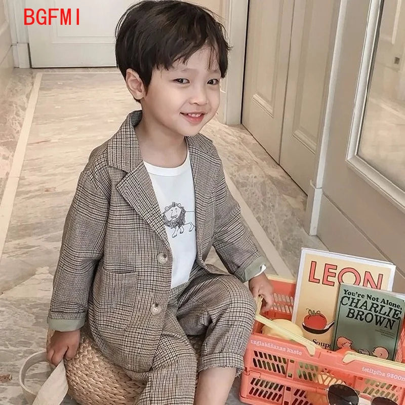Spring Autumn children's clothing Suit Kids Clothes Boys V-Neck Tops + pants 2 piece set Plaid Formal wear 2-10Y Thin Outerwear