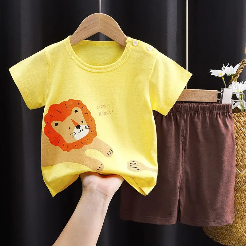 Boys and Girls Outfits T-Shirts+Shorts 2Pcs Cartoons Cars Animals