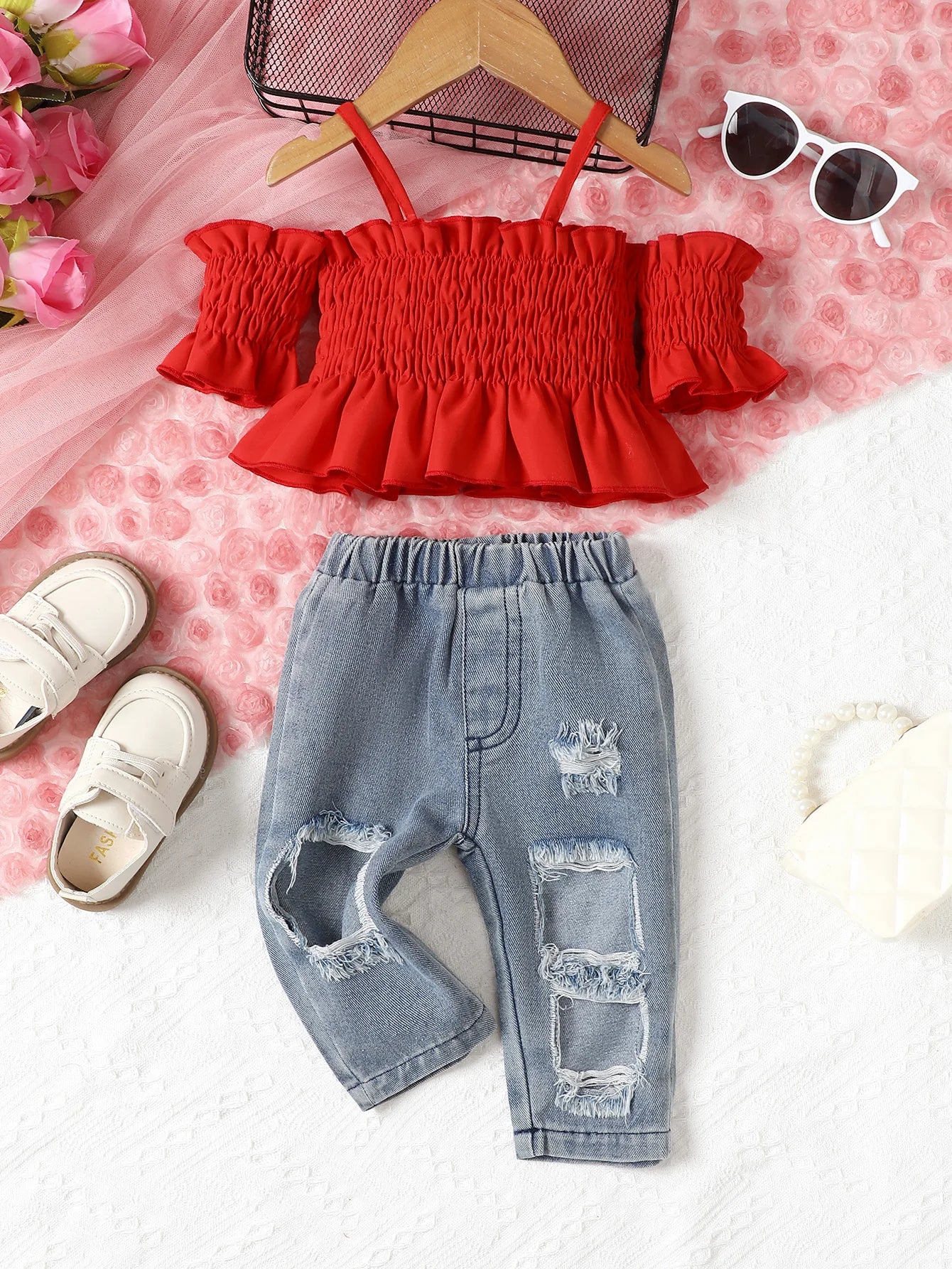 Baby Girls 2pcs Clothing Set Strap Tops and Denim Trousers