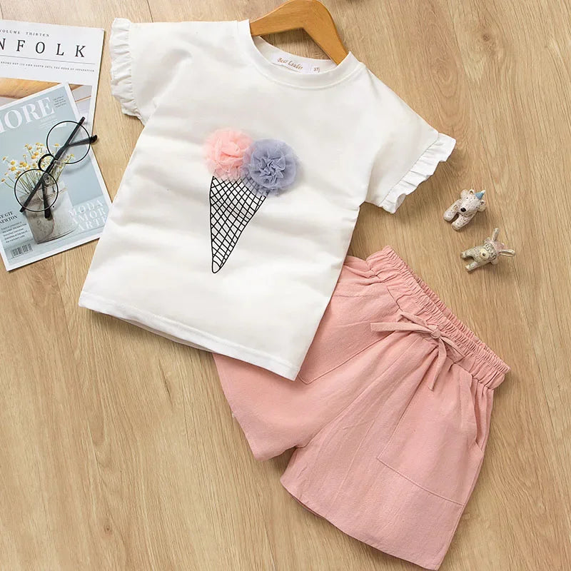 Menoea Girls Clothing Sets 2023 New Style Summer Children's Clothes Cute Dots Lace + Bow Short Pants 2pc Suits Kids Outfits