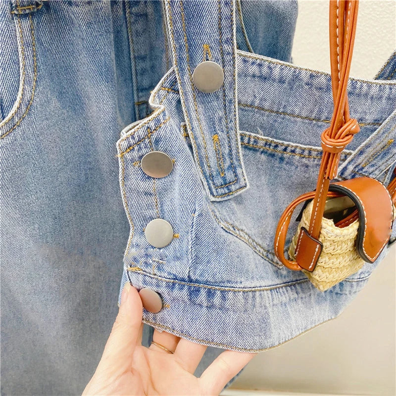 New Summer Girls' Clothing Sets Pocket Buttons Street Denim Vest +Wide-Leg Pants Fashion Baby Kids Outfit Children Clothes Suits