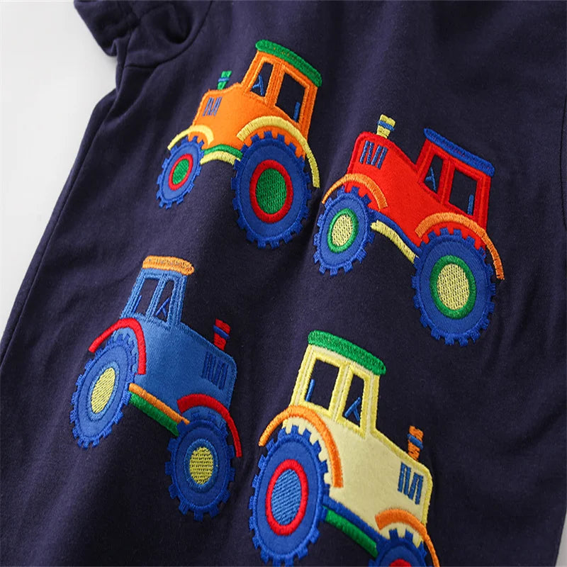 Jumping Meters New Arrival Cartoon Cars Embroidery Boys Girls T Shirts Summer Short Sleeve Children's Clothes Kids Tees Tops
