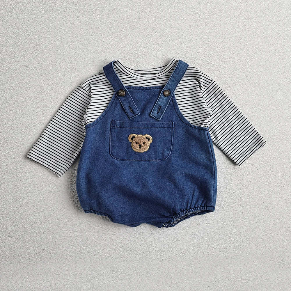 Cool Toddler Baby Boy and Girl Overalls and Striped T-shirt 2Pcs set