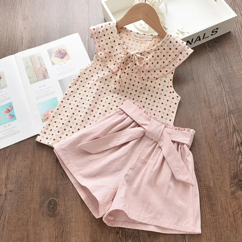 Menoea Girls Clothing Sets 2023 New Style Summer Children's Clothes Cute Dots Lace + Bow Short Pants 2pc Suits Kids Outfits