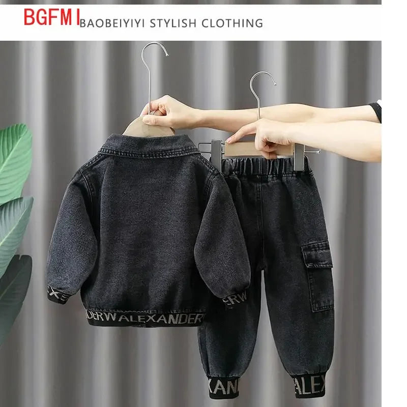 Spring Denim Coat Children's Clothing Autumn Kids Clothes Boys Outerwear Blue / Black Baby Jacket Pant Sets Two-piece Set 2-9Y