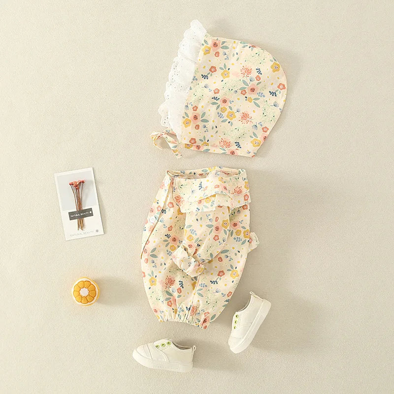 Summer Baby Girls Romper+Hat Cotton Peter Pan collar Ruffles Lace Long Sleeve Infant Rompers Newborn Clothes Bebe Cute Garments