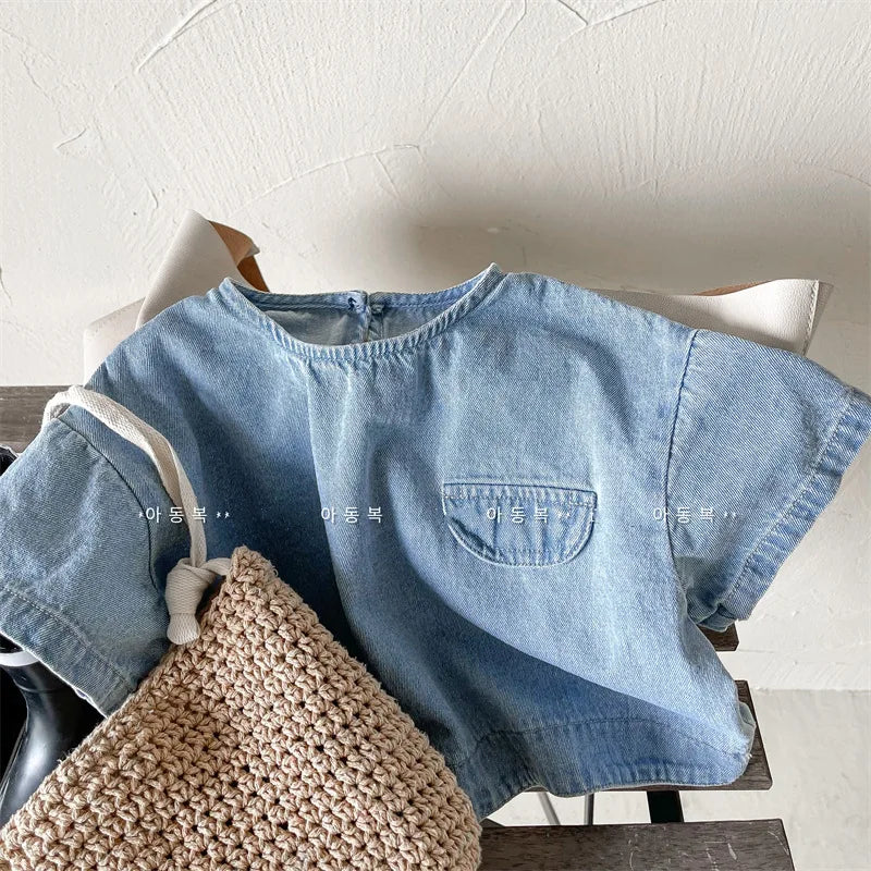 New Children Clothes Kids Girl Short-sleeved Blouses Toddler Boys Wash Thin Blouse Baby Wide Shirts Fashion Child Denim Tops