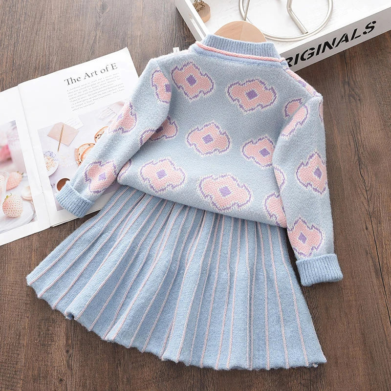 Melario Floral Girls Baby Knitted Clothes Sets Fashion Winter Sweaters Tops Ruffles Skirt Outfits Beading Children Clothes Suit