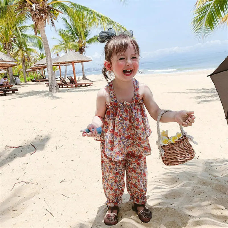 Summer Girls' Clothing Sets Back Cross Flower Suspender Top+ Nine-Point Pants Baby Children Clothes Suit Fashion Kids Outfit