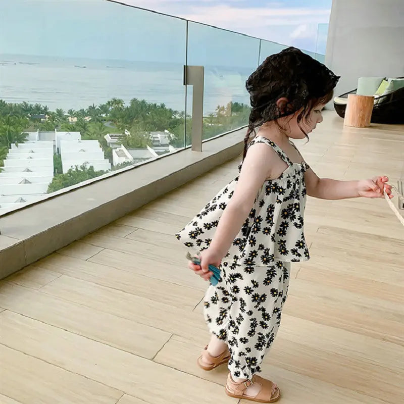 Summer Girls' Clothing Sets Back Cross Flower Suspender Top+ Nine-Point Pants Baby Children Clothes Suit Fashion Kids Outfit