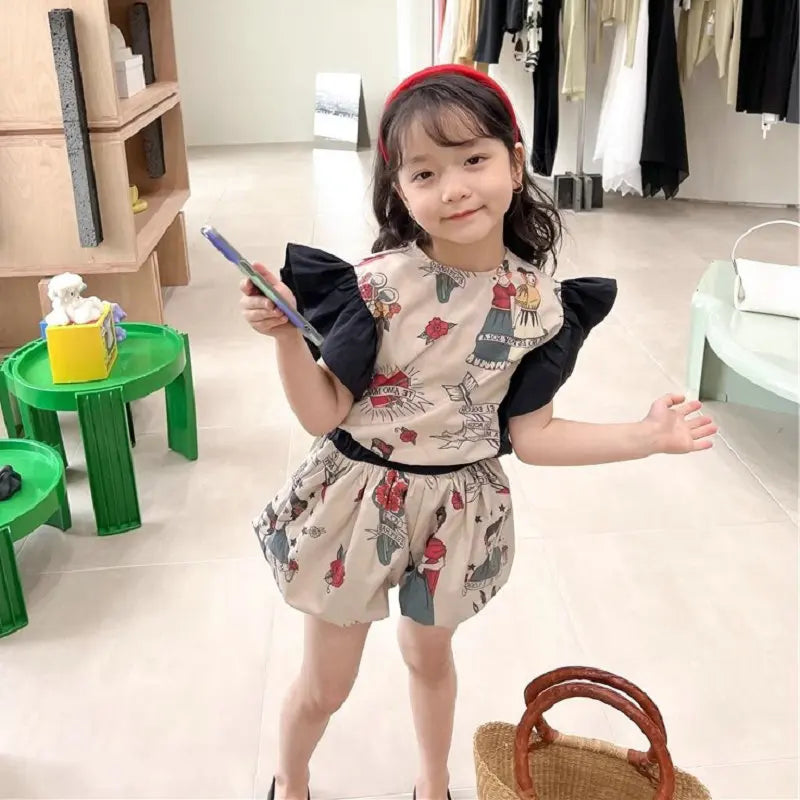 Children's Cartoon Printed Flying Sleeve Top + Bract Pants Two-piece Set Summer Casual Suit for Girls Kids Clothes