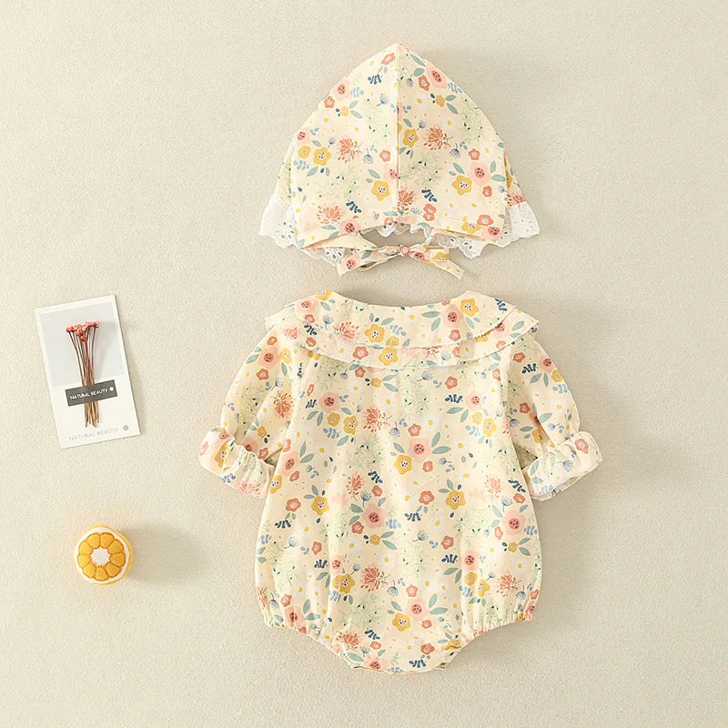 Summer Baby Girls Romper+Hat Cotton Peter Pan collar Ruffles Lace Long Sleeve Infant Rompers Newborn Clothes Bebe Cute Garments