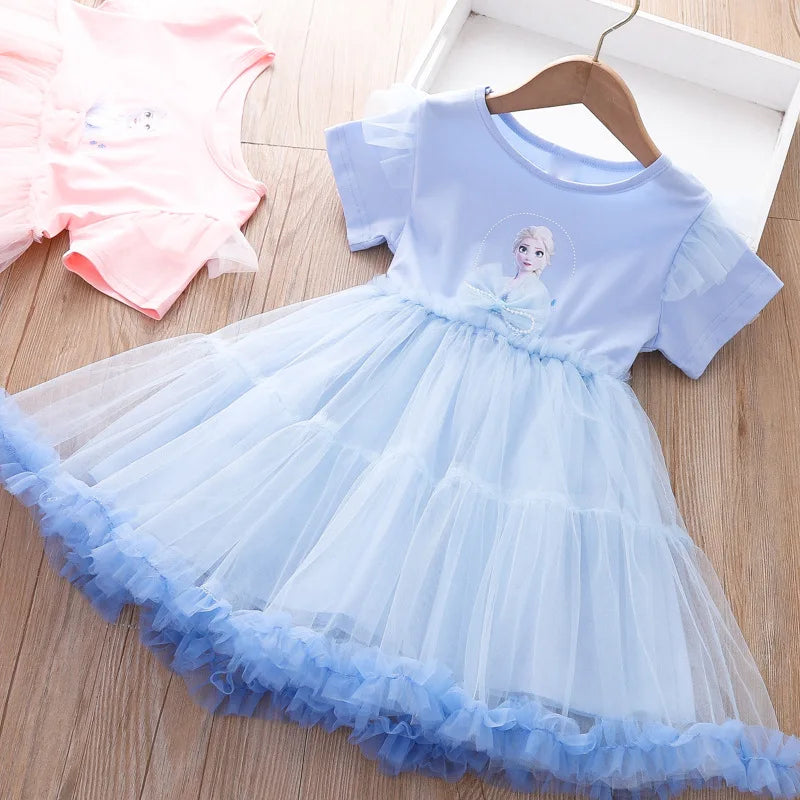 Girls Elsa Dress 2022 Summer Dress New Children's Frozen Princess Dress Baby Mesh Puff Dresses Girl Short Sleeve Party Clothes