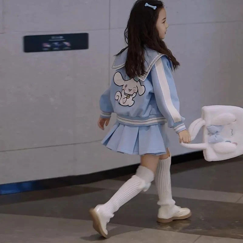 Kawaii Cinnamoroll Cartoon Girls Casual Wear Two-Piece Set Autumn Baseball Uniform Jacket Pleated Skirt Cute Children's Clothes