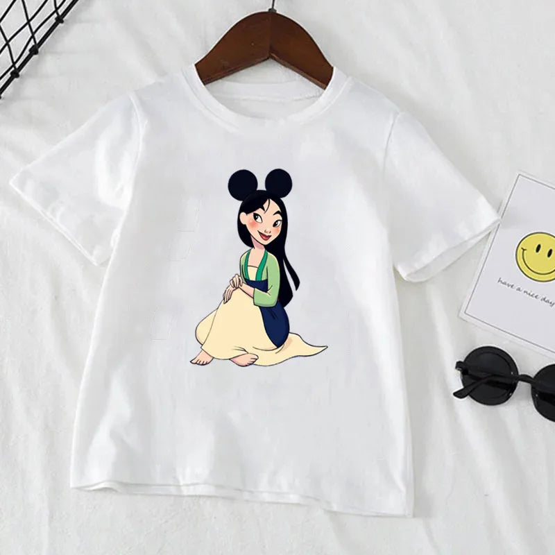 Kawaii Disney Belle Princess Children Clothes Girl T-shirts Summer Short Sleeve 1-12 Years Old Cartoon Kids T-shirt