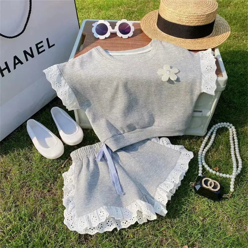 Baby Girls round Neck Lace Short Sleeve T-Shirt Suit 2 Piece 12M-6 Years Old