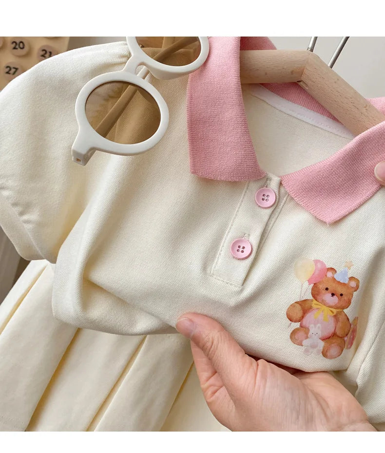 Children's Clothing Sets 2023 Kids Clothes Girls Bear Print Lapel T-shirt Pleated Skirt 2pcs Girl Clothes Baby Girl Outfit Set