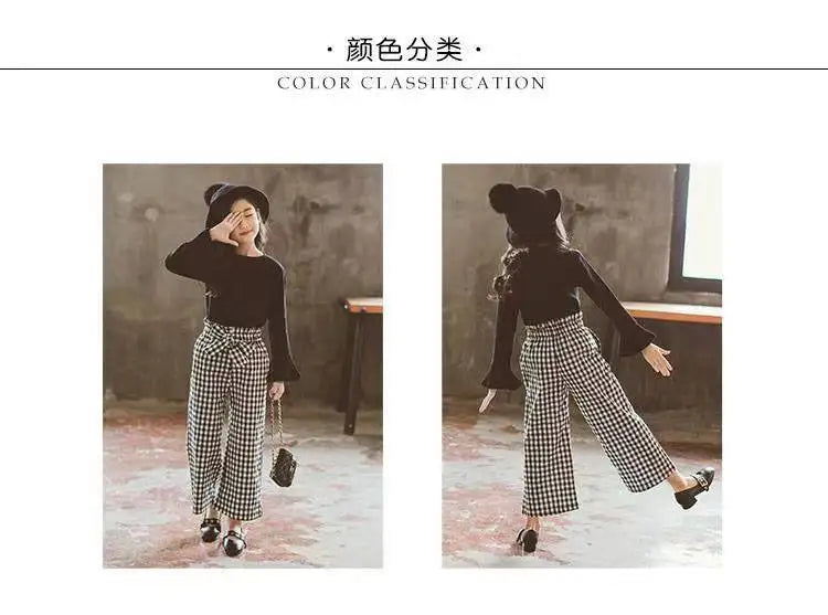 Kids Girls Clothing Sets 2024 Autumn Long Sleeve T-shirts + Plaid Wide Leg Pants 2PCS Children's Clothes Teen 6 8 10 12 14 Years