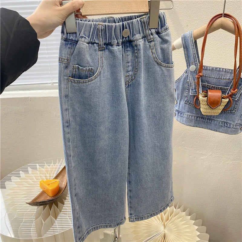 New Summer Girls' Clothing Sets Pocket Buttons Street Denim Vest +Wide-Leg Pants Fashion Baby Kids Outfit Children Clothes Suits