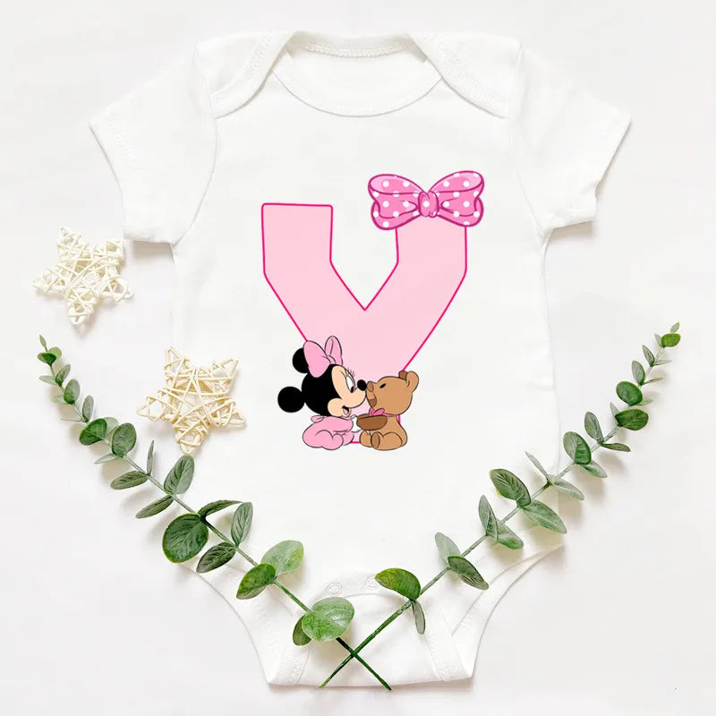 Cute Baby Custom Name Letter Combination Printing Bodysuit Minnie Mouse Letter Font A B C D E F G Short Sleeve Cotton Jumpsuit