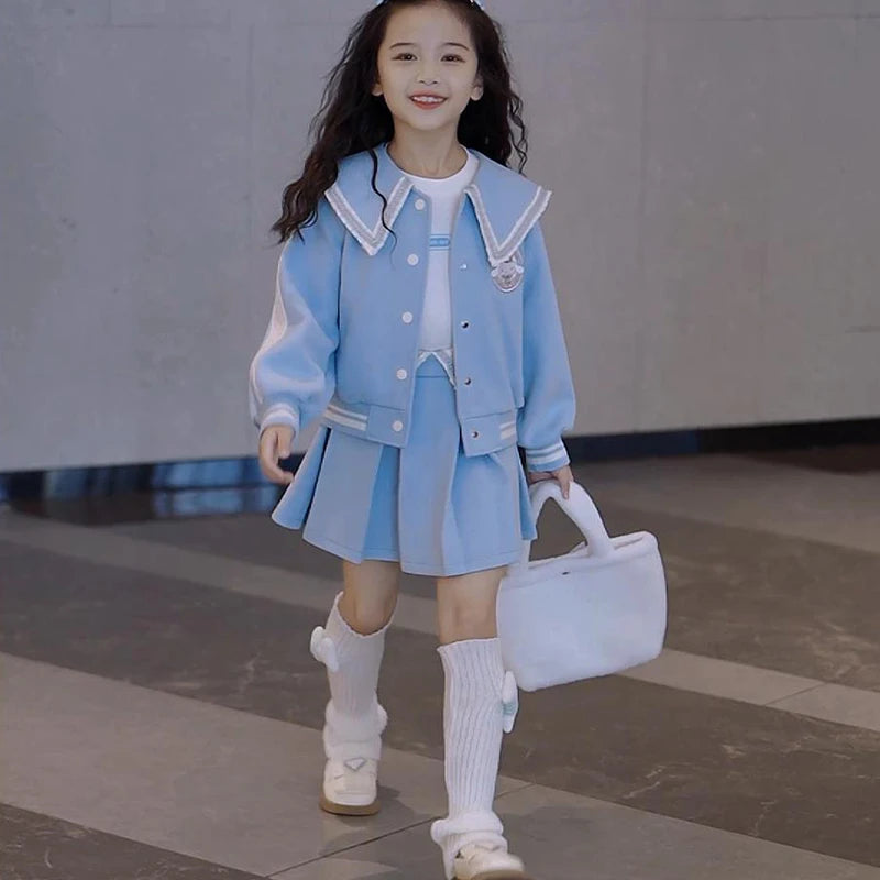 Kawaii Cinnamoroll Cartoon Girls Casual Wear Two-Piece Set Autumn Baseball Uniform Jacket Pleated Skirt Cute Children's Clothes