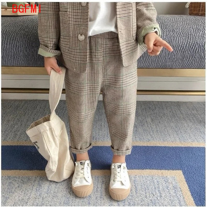 Spring Autumn children's clothing Suit Kids Clothes Boys V-Neck Tops + pants 2 piece set Plaid Formal wear 2-10Y Thin Outerwear