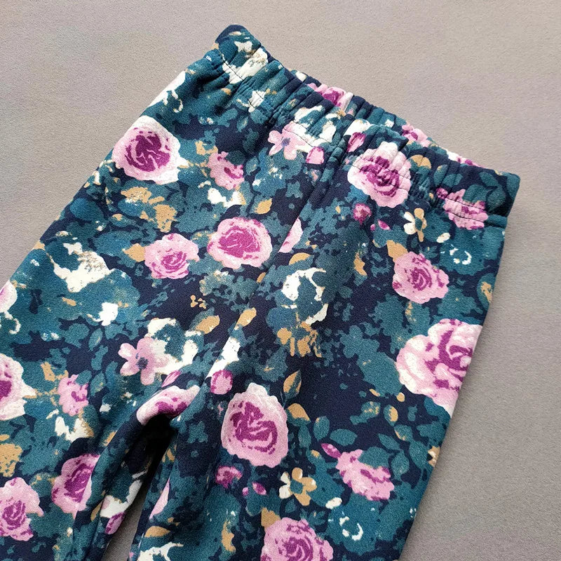 Children's Clothes Girl Pants Autumn Winter Fleece Keep Warm Leggings Tights For Girls Vintage Floral Warm Trousers 2-11 Year