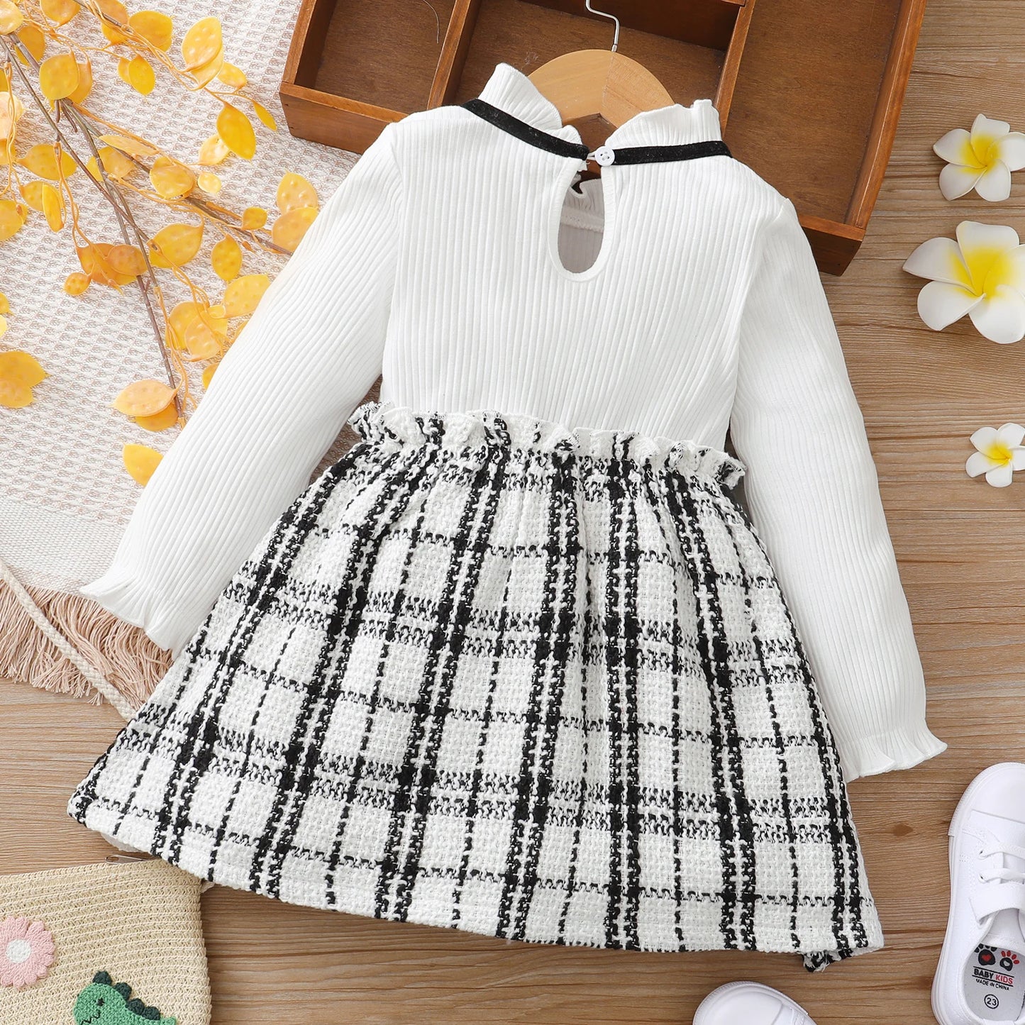 PatPat Toddler Girl Dresses Ruffle Collar Faux-two Strap Plaid Tweed Long-sleeve Dress for Girl Children Clothes