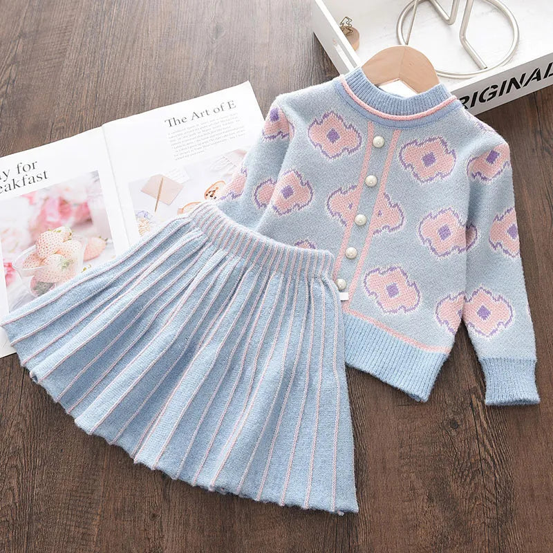 Melario Floral Girls Baby Knitted Clothes Sets Fashion Winter Sweaters Tops Ruffles Skirt Outfits Beading Children Clothes Suit