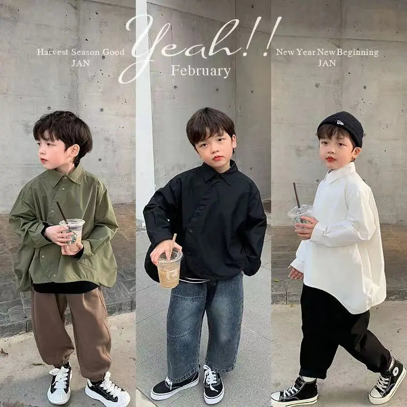 Fashion Children's Long sleeve Spring Autumn single-breasted New Boys Pure color Shirt Baby Korean Style Coat clothes Top Jacket