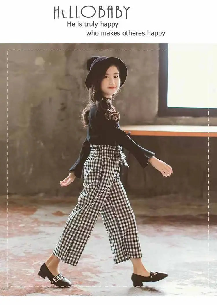 Kids Girls Clothing Sets 2024 Autumn Long Sleeve T-shirts + Plaid Wide Leg Pants 2PCS Children's Clothes Teen 6 8 10 12 14 Years