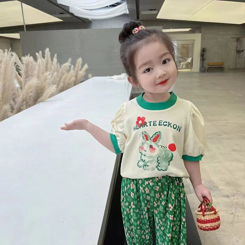 Girls Cute Cartoon T-Shirts and Floral Pants Set for Ages 12 month-6 years