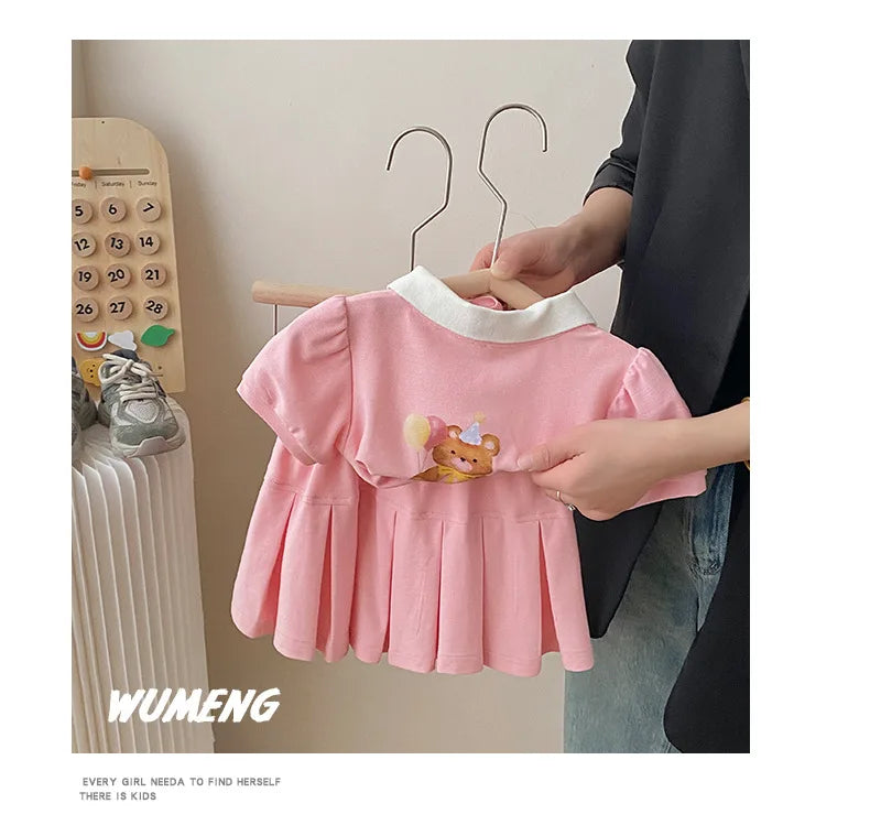 Children's Clothing Sets 2023 Kids Clothes Girls Bear Print Lapel T-shirt Pleated Skirt 2pcs Girl Clothes Baby Girl Outfit Set