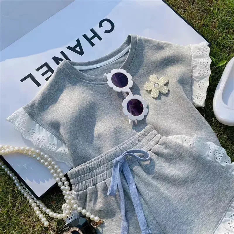Baby Girls round Neck Lace Short Sleeve T-Shirt Suit 2 Piece 12M-6 Years Old