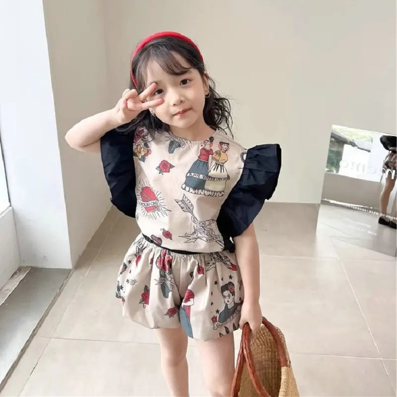 Children's Cartoon Printed Flying Sleeve Top + Bract Pants Two-piece Set Summer Casual Suit for Girls Kids Clothes
